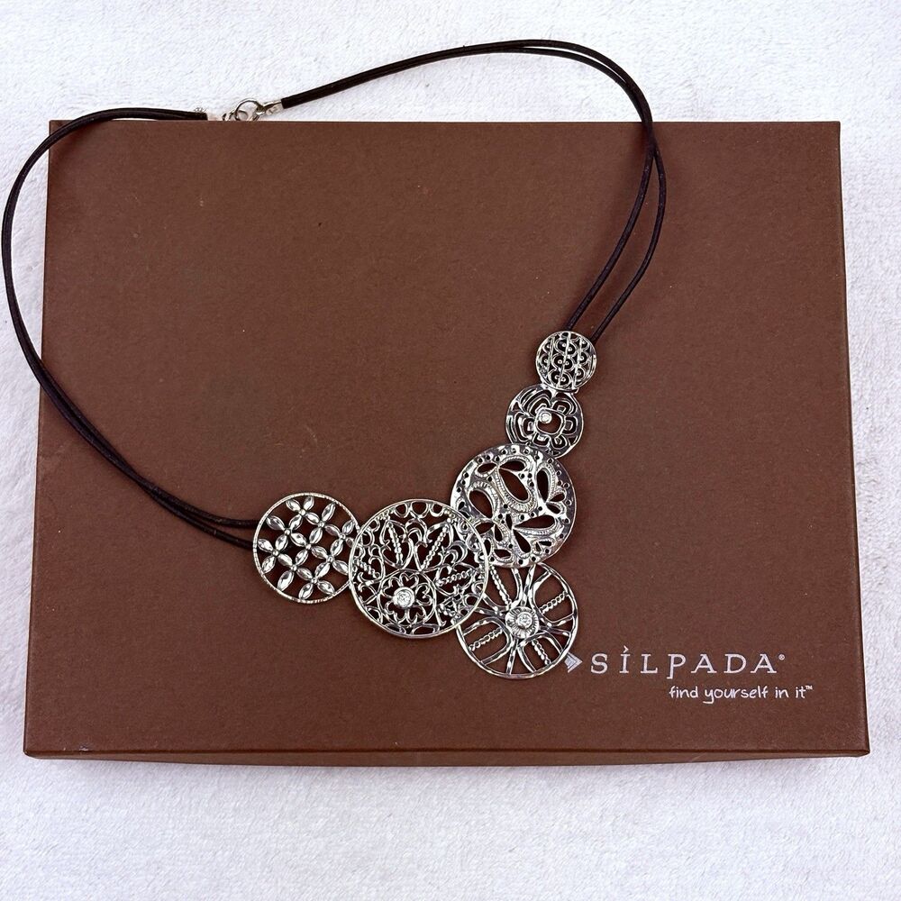 Silpada N2343 Sterling Silver Filigree Art Circles CZ Leather Cord Necklace
